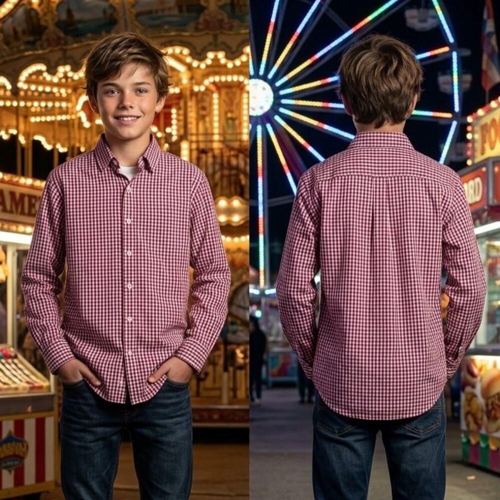 IZOD Boys Red White Check Button Down Shirt Youth Large 10 12 Long Sleeve